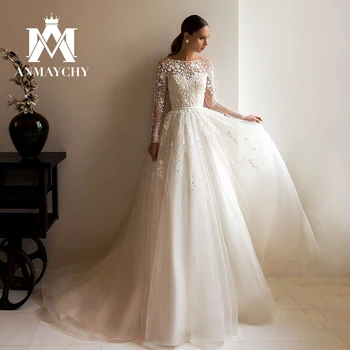 ANMAYCHY-Line Vestuvių Suknelės Moterims 2023 ilgomis Rankovėmis Iliuzija Mygtuką Gėlių Nėrinių Duobute Vestuvių Suknelė Vestidos De Novia