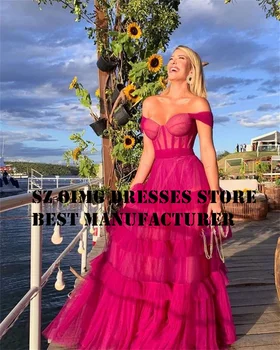 OIMG Elegantiškas, Tiulis Prom Dresses Hot Pink Grindų Ilgis nuo Peties Rankovių Klostes Moterų Vakare Chalatai Oficialų Šalis Suknelė
