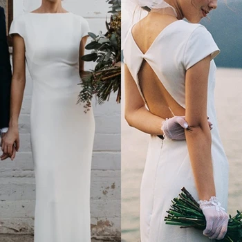 Paprasta Satino Apvalkalą Vestuvių Suknelės Atvira Nugara Paprasto Balto Elegantiškas Vestuvių Suknelė Bžūp Rankovėmis, Ilgas Atgal Plyšio Chalatas De Mariée Užsakymą