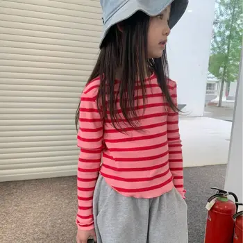 Vaikų Rudens Moterų korėjos Mados Slim Fit Striped Top marškinėliai vaikiški drabužiai, kūdikių drabužiai rinkiniai